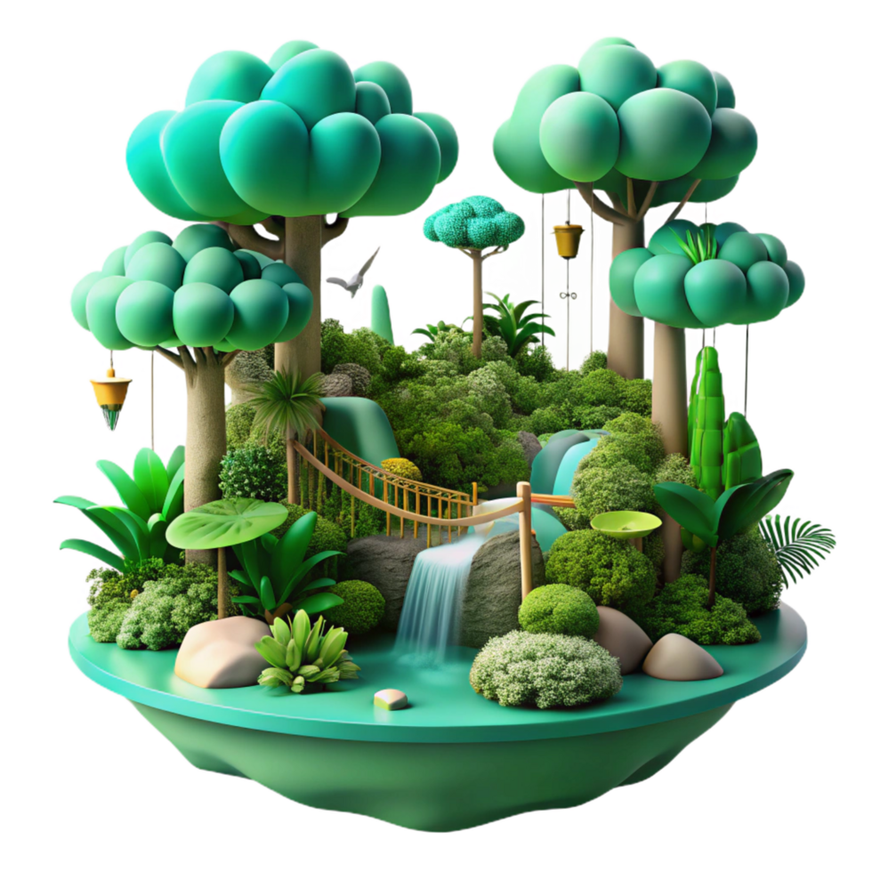 vibrant creative Enchanted Oasis 3D Render of Lush Waterfall Garden authentic png