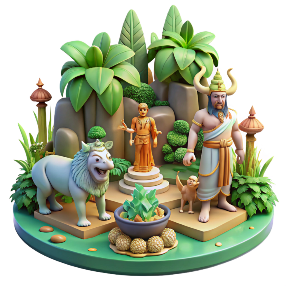 magnificent vintage Mythical Creatures, Asian Statues, Lush Garden 3D Render detailed png