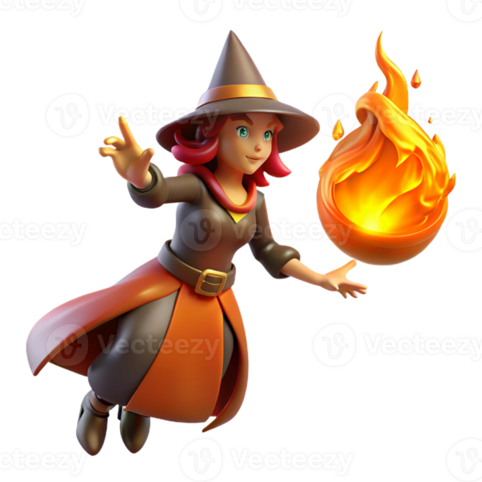 serene rustic 3D Render Witch with Fireball detailed png
