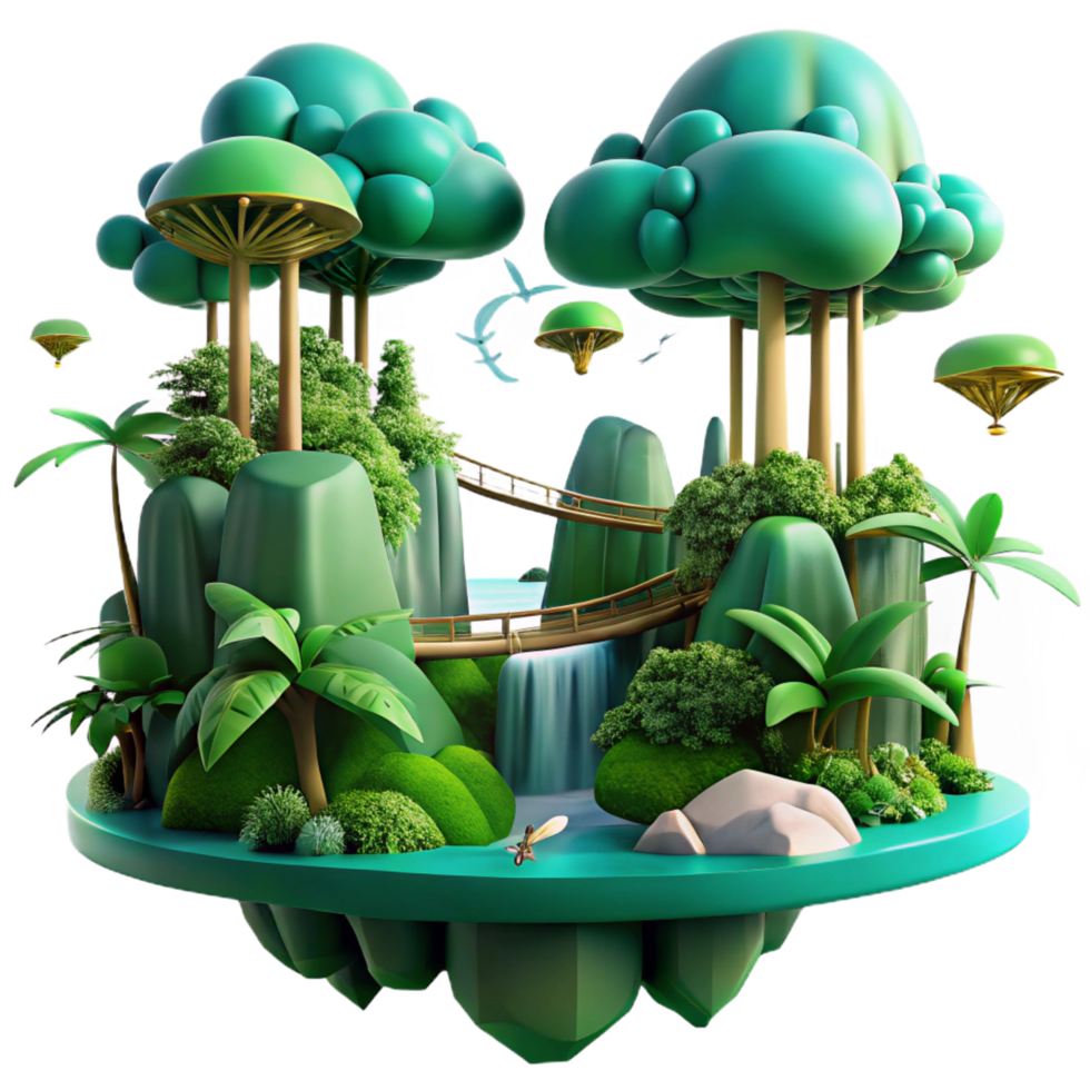 serene abstract Enchanted Island Waterfall Paradise 3D Render genuine png