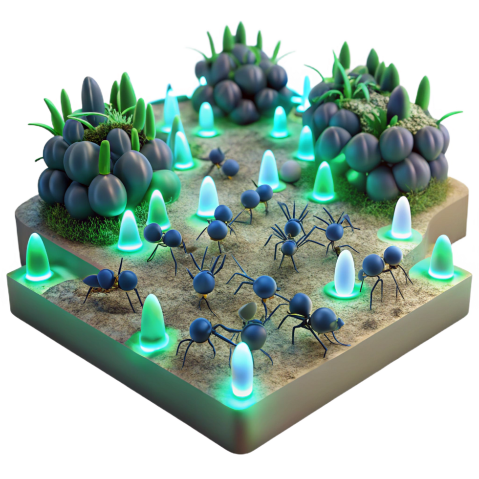 elegant minimalist Ant Colony Simulation Illuminated Terrain, Artificial Ecosystem original png