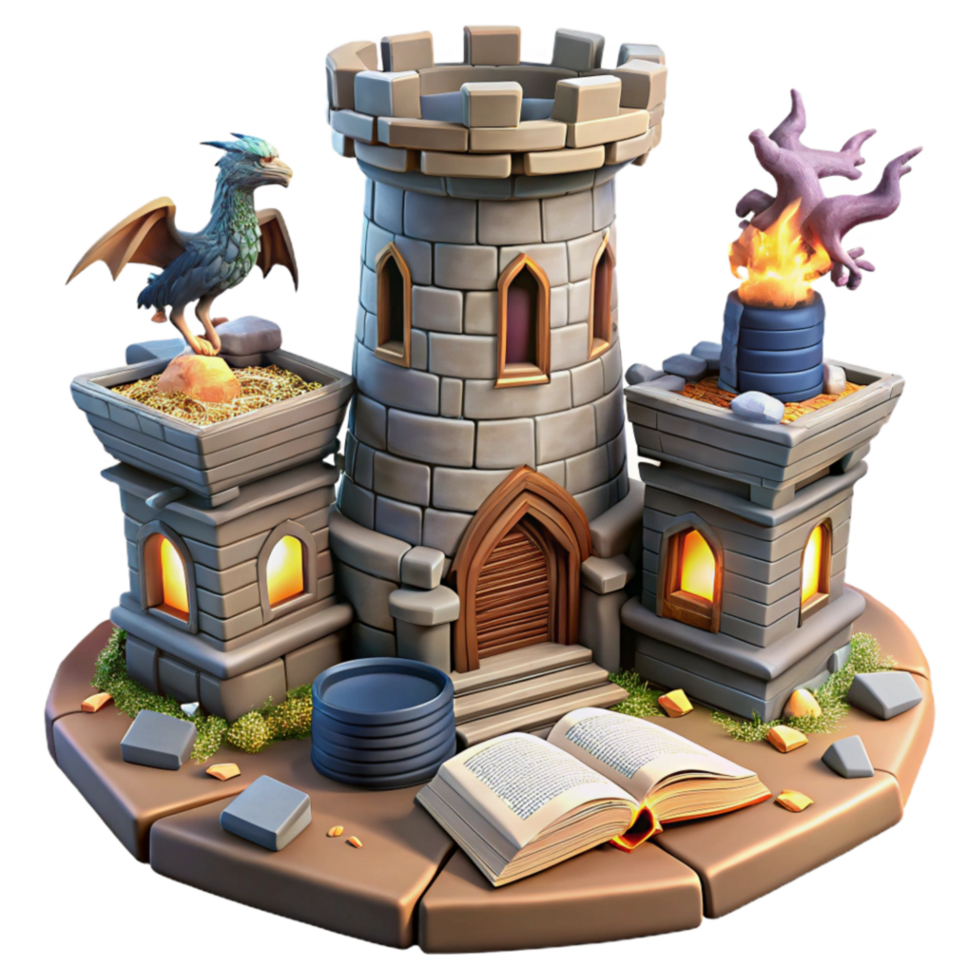 vibrant abstract Fantasy Stone Tower with Dragon Spellbook original png