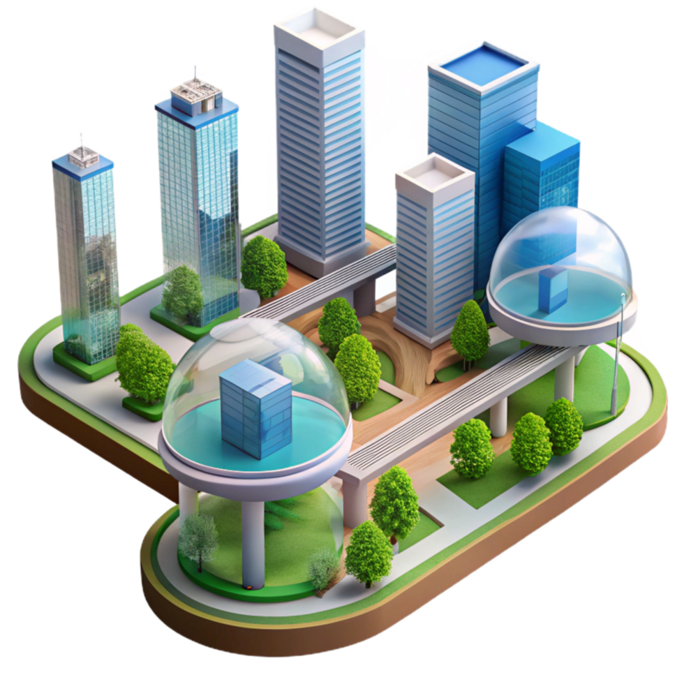 vibrant rustic Futuristic Cityscape Modern Architecture, Green Spaces, and Elevated Transportation original png