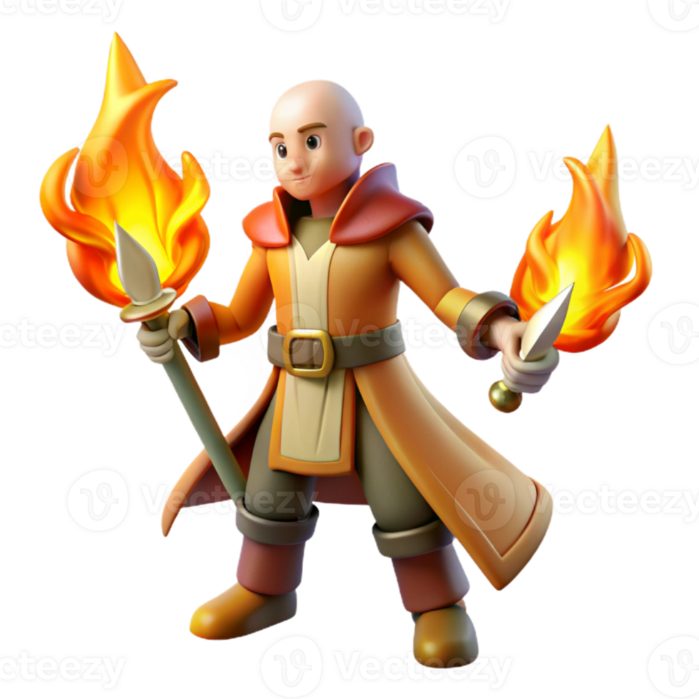 serene contemporary 3D Render Fire Wizard Cartoon 4K png