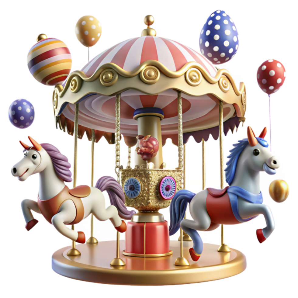 wonderful creative Whimsical Carousel with Unicorn Riders and Balloons authentic png