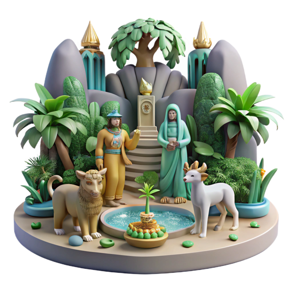 elegant vintage Mythical Oasis 3D Render of Spiritual Figures and Sacred Animals detailed png