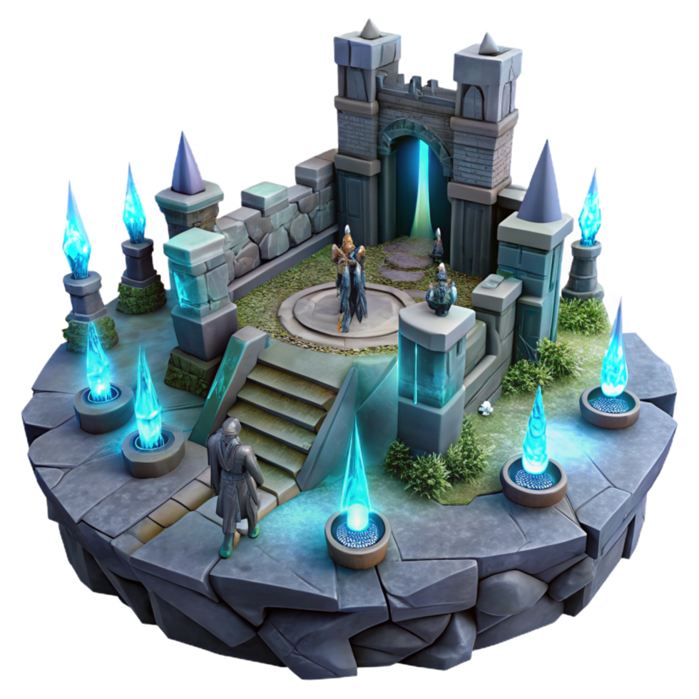 dramatic abstract Fantasy Realm Stone Castle, Magical Gateway, Mystical Flames exclusive png