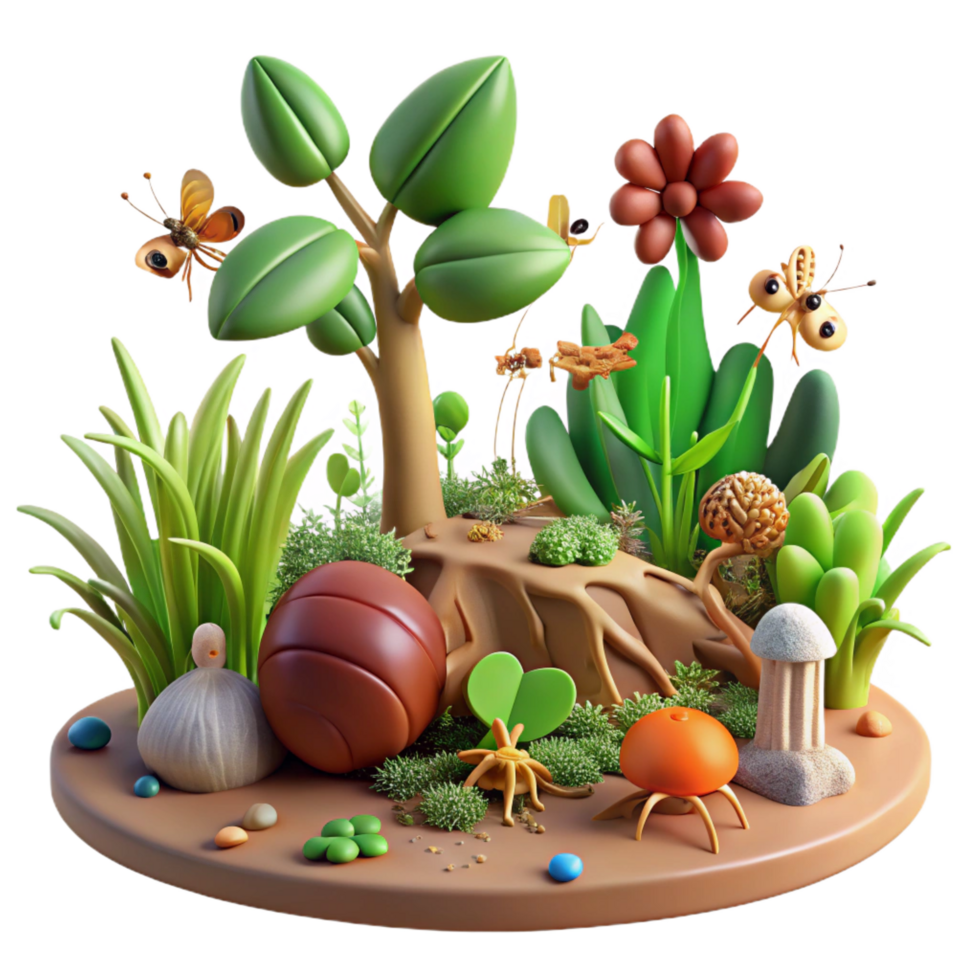 stunning abstract 3D Render Whimsical Garden Scene with Insects and Plants exclusive png
