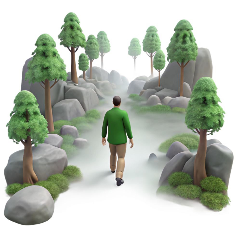 extraordinary minimalist Person Walking Misty Forest Path 3D Render original png