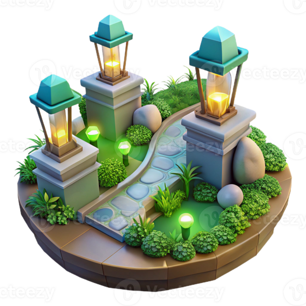 beautiful modern 3D Cartoon Garden with Lanterns detailed png