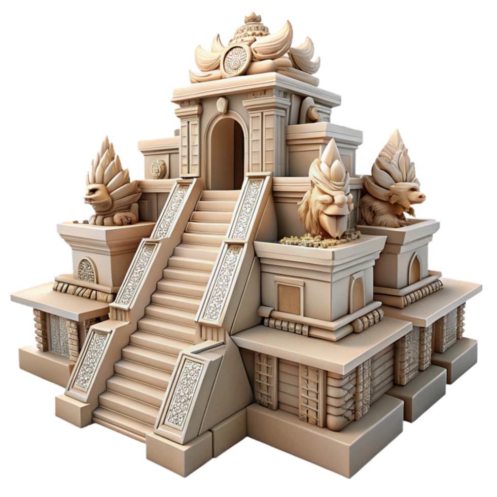 dramatic classic Ancient Temple 3D Model Pyramid, Steps, Statues, Architecture detailed png