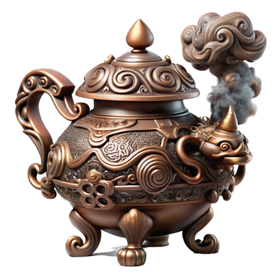 dramatic modern Ornate Bronze Teapot with Intricate Carvings and Smoke 4K png