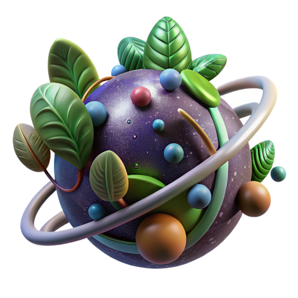 serene classic Abstract Planet with Rings and Leaves 3D Render genuine png