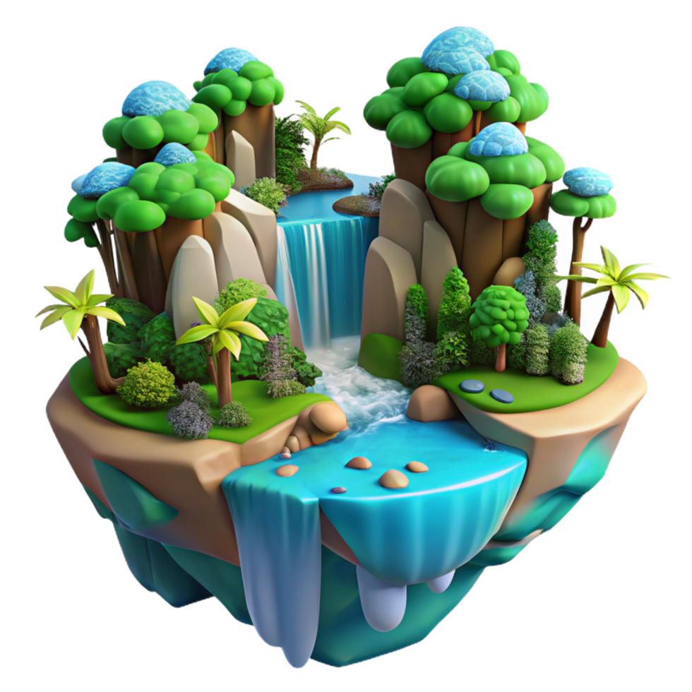 wonderful modern Enchanted Waterfall Island 3D Render of Lush Paradise high resolution png