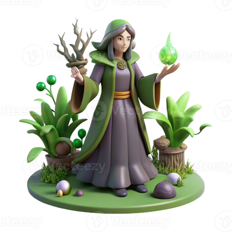 beautiful rustic 3D Render Green Witch Fantasy Illustration original png