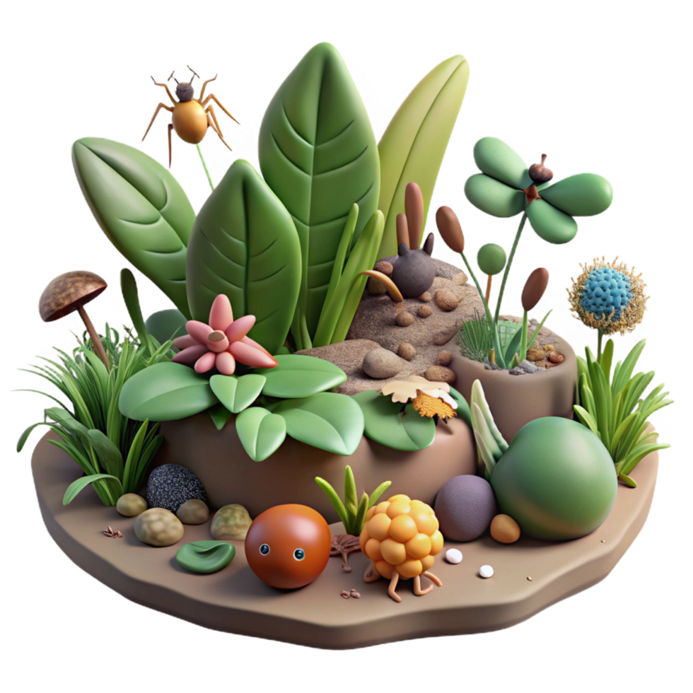 stunning artistic 3D Render of Whimsical Garden Scene with Insects and Plants 4K png