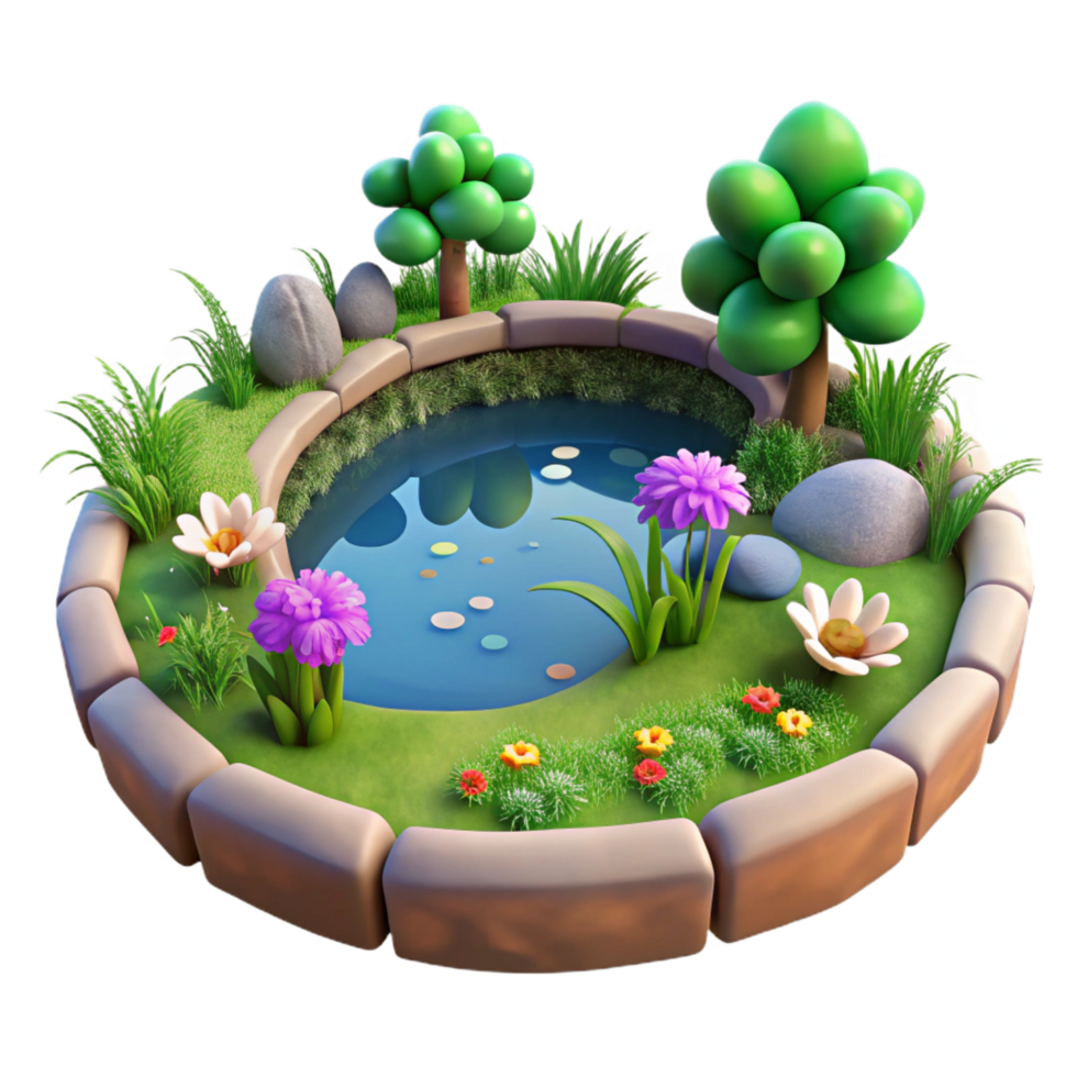 elegant modern Cartoon Pond Garden 3D Render of Idyllic Scene genuine png