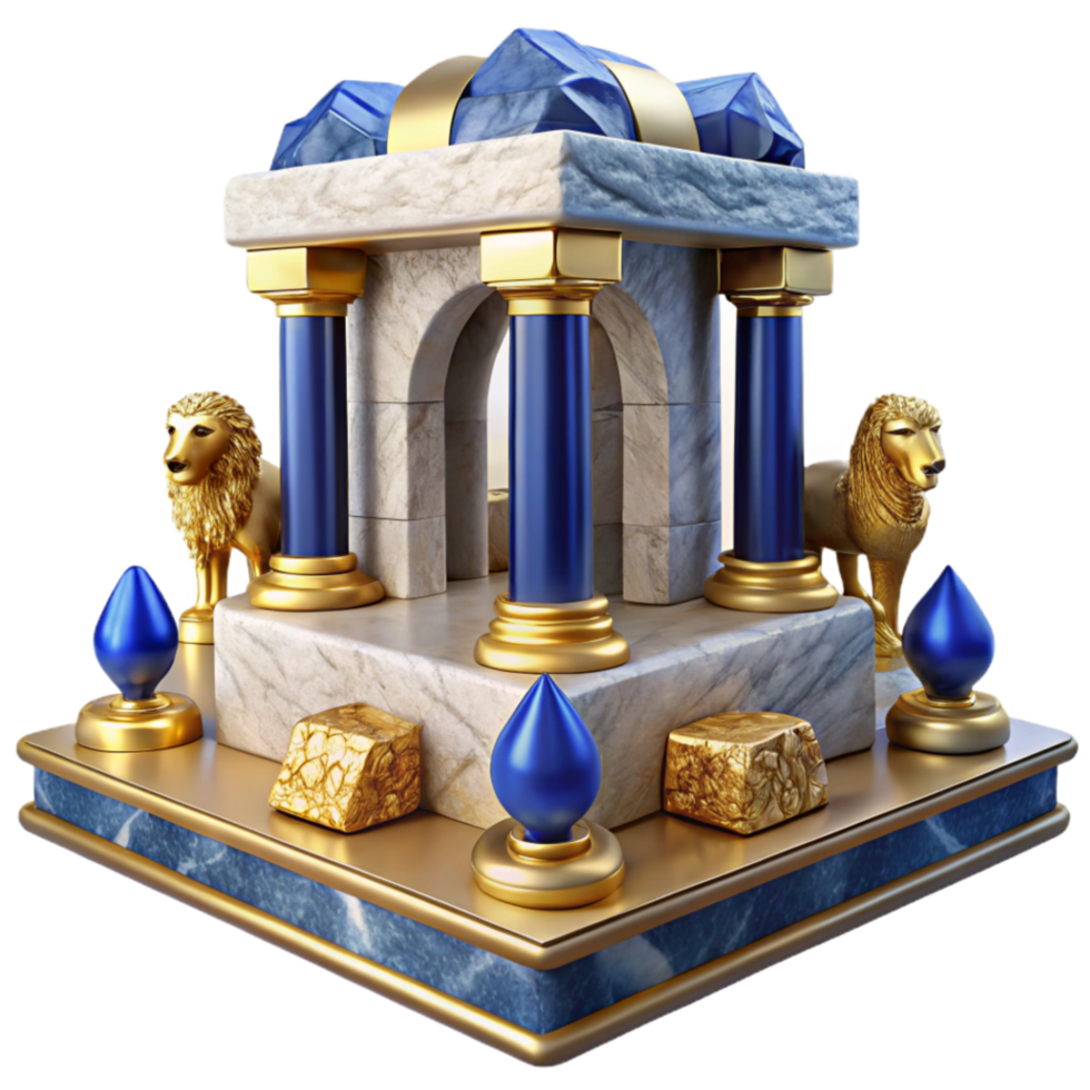 elegant traditional Golden Lions Guarding Blue Temple 3D Render premium png