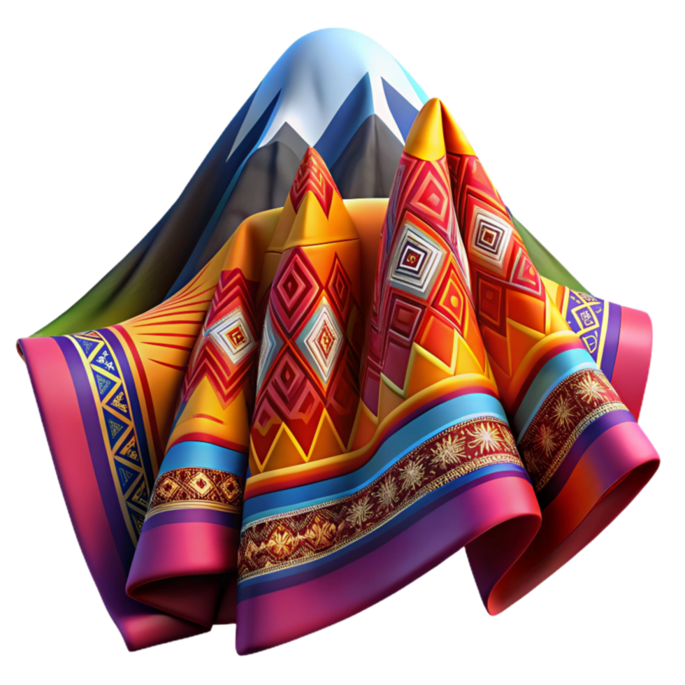 dramatic rustic Vibrant Andean Textile Art Mountain Landscape Draped in Colorful Fabric genuine png