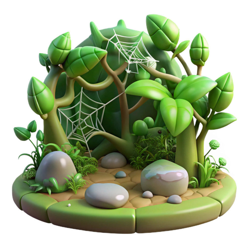 extraordinary rustic Cartoon Jungle Scene Lush Greenery, Cobwebs, and Rocks premium png