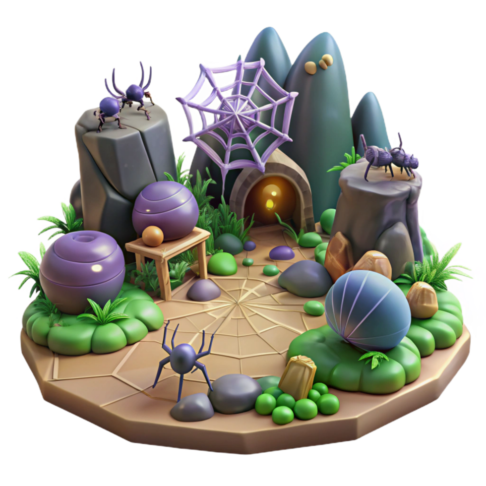 serene modern Enchanted Spider Web Cave 3D Render of Fantasy Scene premium png