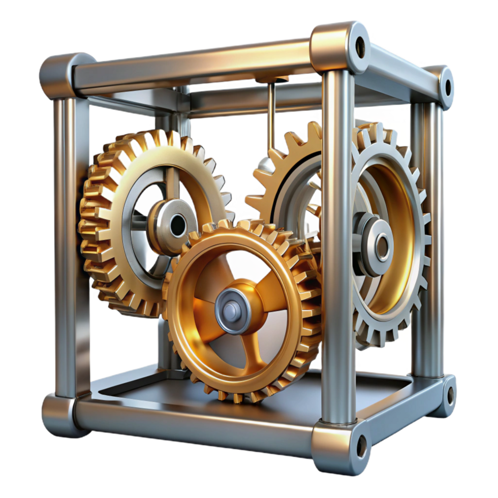 beautiful modern Interlocking Gears in a Metal Cube A Mechanical System detailed png