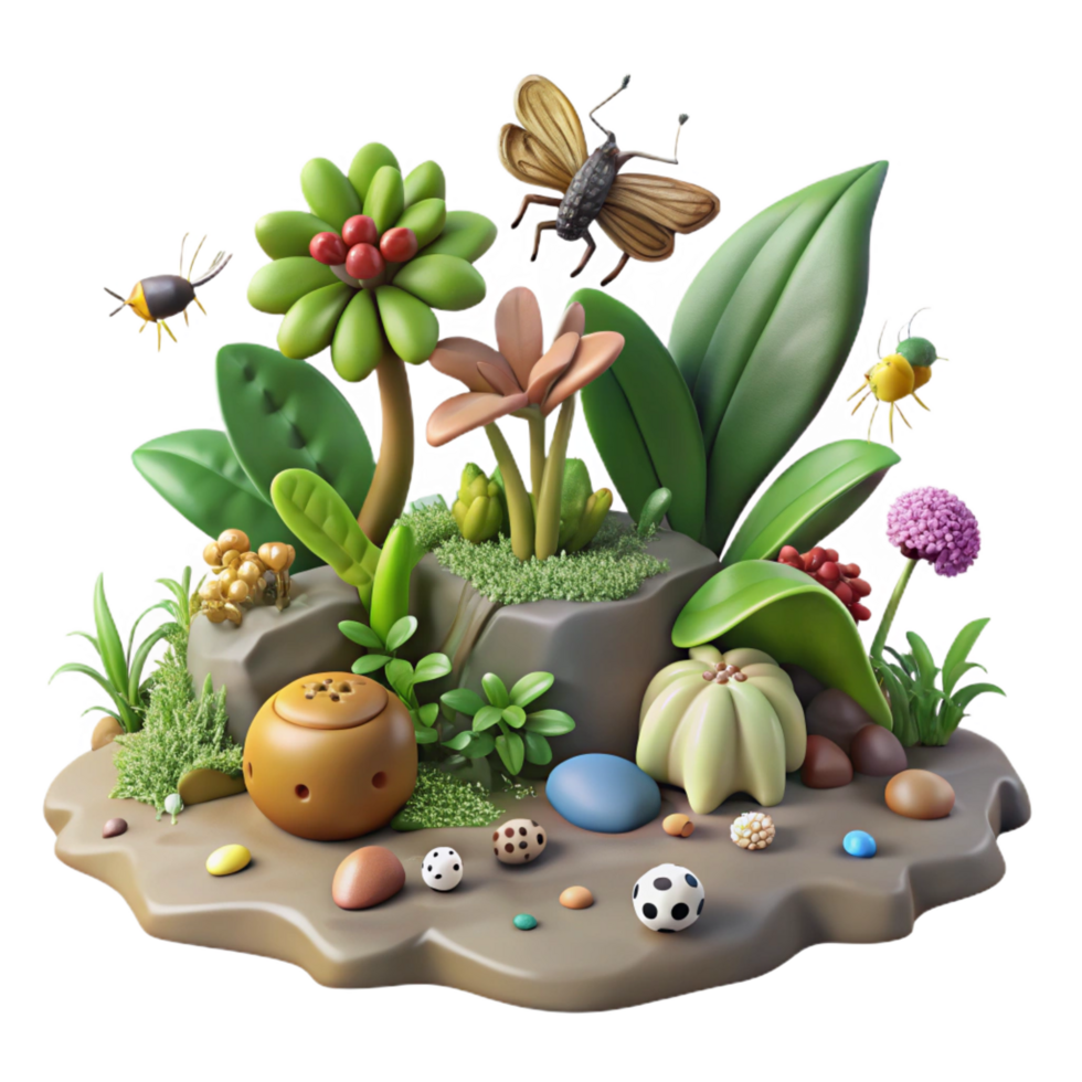 beautiful rustic Enchanted Garden 3D Render of Miniature Floral Insect Scene high quality png