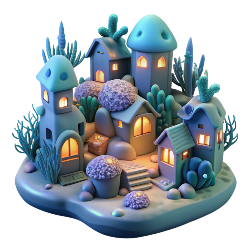 magnificent minimalist Enchanted Night Village 3D Rendered Fantasy Homescape genuine png