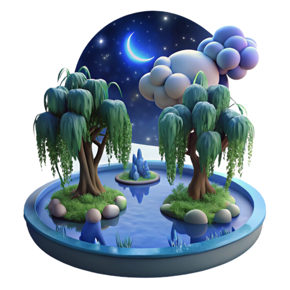 elegant traditional Enchanted Night Pond 3D Render of Whimsical Willow Trees detailed png