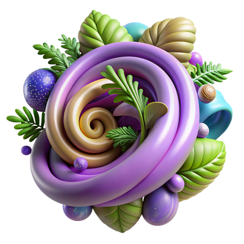 stunning contemporary Abstract 3D Floral Swirl Purple, Green, and Gold Design high resolution png