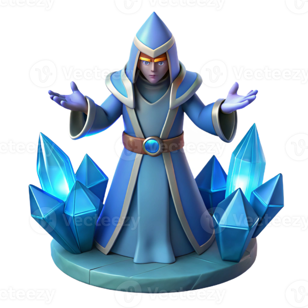 beautiful rustic 3D Render Blue Wizard with Crystals authentic png