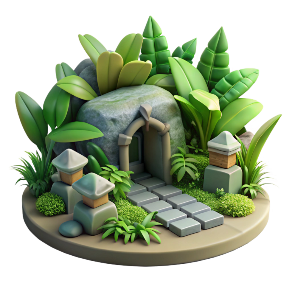 impressive contemporary Stone Archway, Lush Greenery, 3D Render authentic png