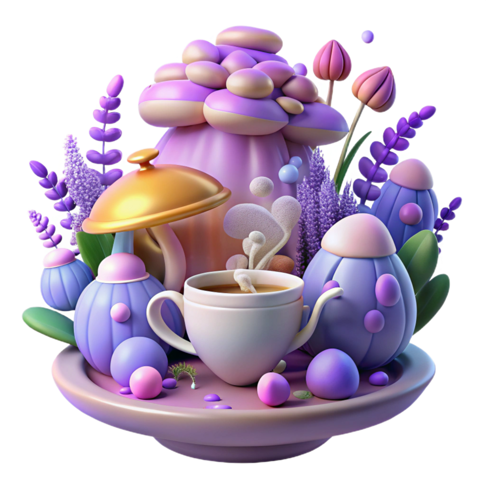 beautiful classic Whimsical Teacup in Fantasy Mushroom Garden high quality png