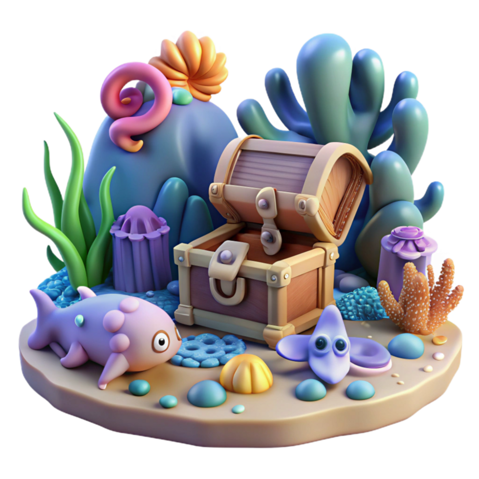 elegant abstract Undersea Treasure Chest 3D Render of Ocean Life 4K png