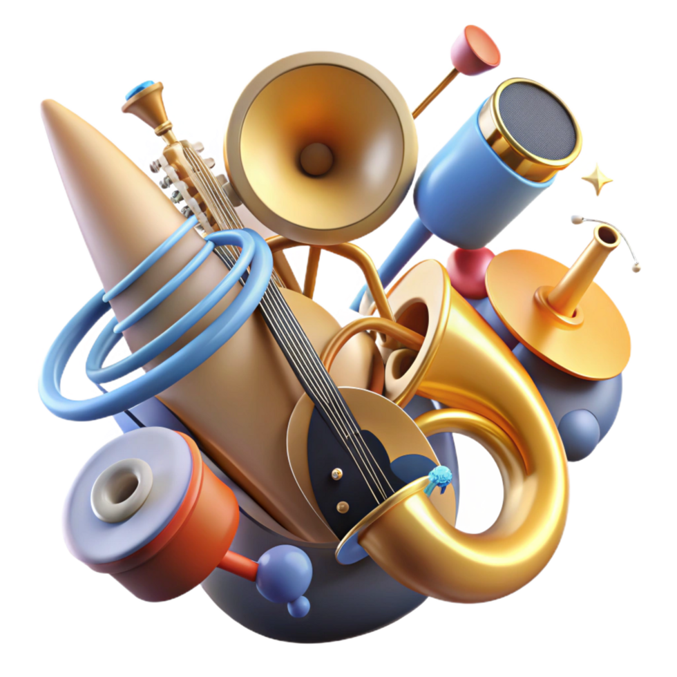 serene rustic Musical Instrument Medley A 3D Abstract Composition premium png