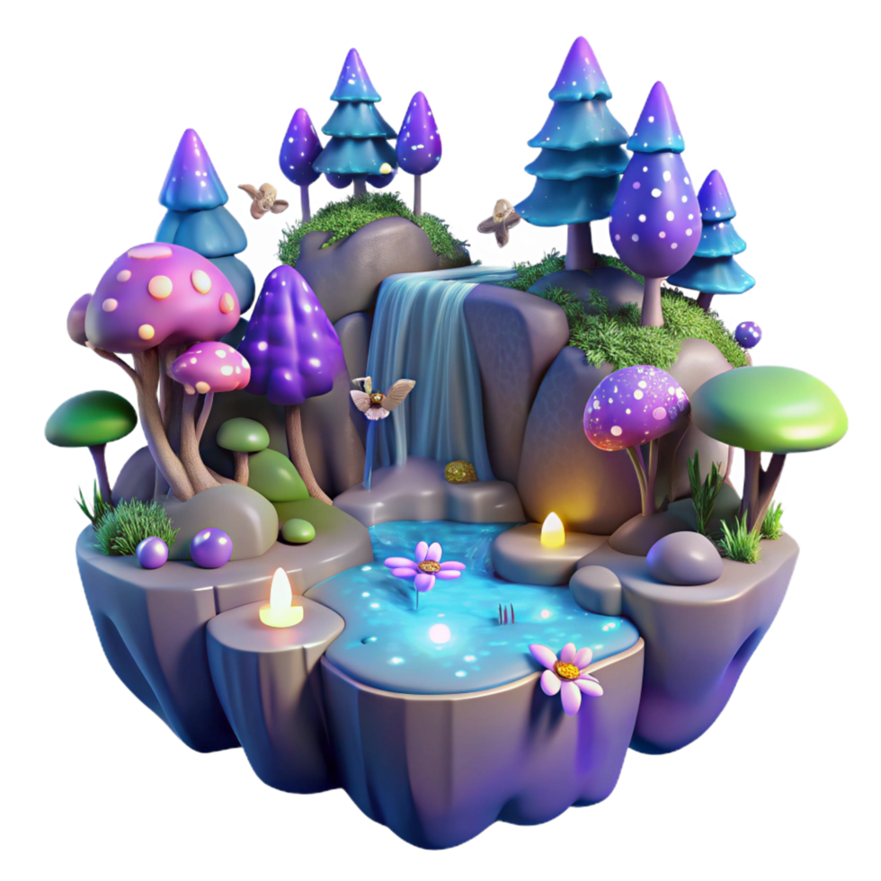extraordinary vintage Enchanted Waterfall 3D Fantasy Island Scene 4K png
