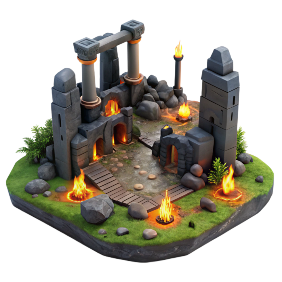 wonderful minimalist 3D Render Ancient Ruins with Fire premium png