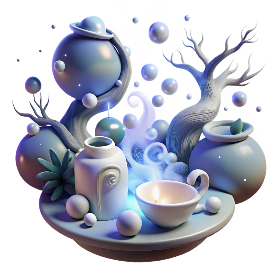 impressive abstract Mystical 3D Scene Floating Globes, Candlelight, and Whimsical Trees premium png
