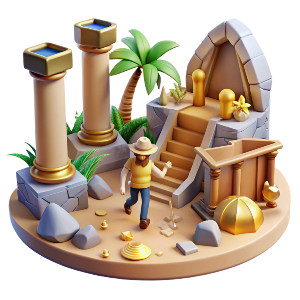 dramatic traditional 3D Render Desert Temple Exploration, Ancient Columns, Gold Treasure genuine png