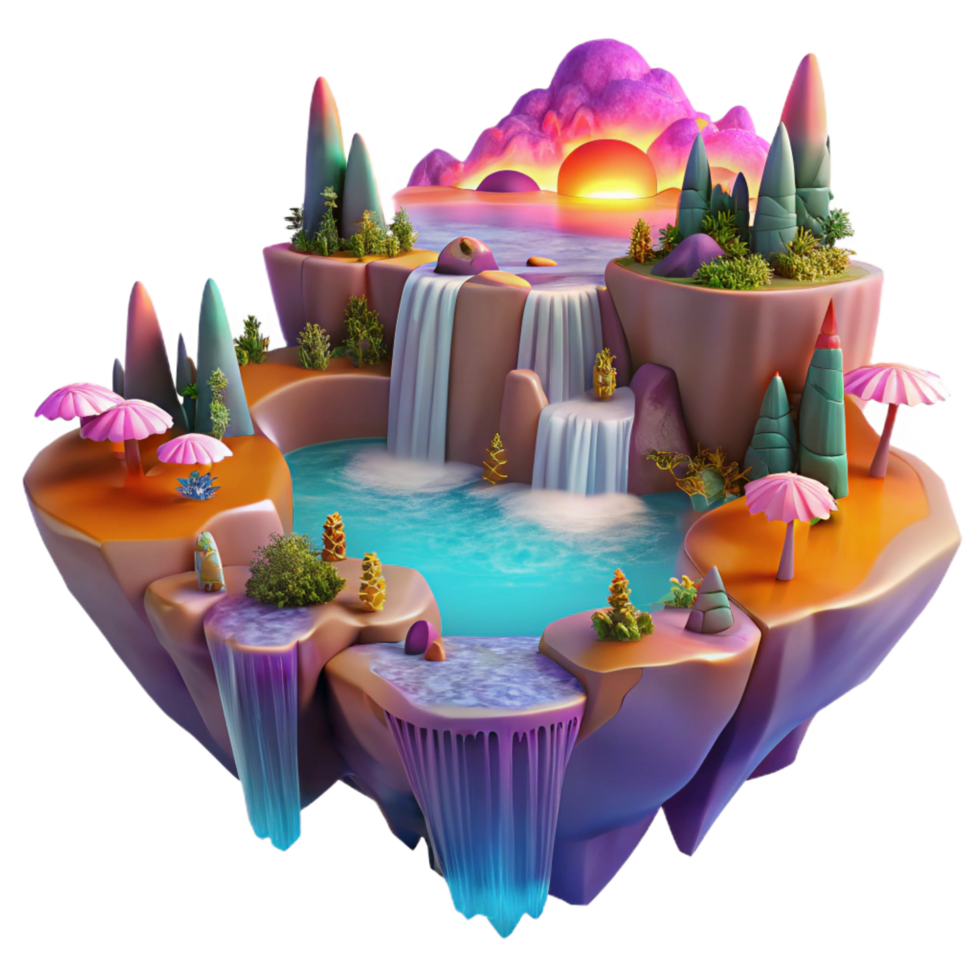 beautiful classic Enchanted Waterfall Island Sunset Fantasy high quality png