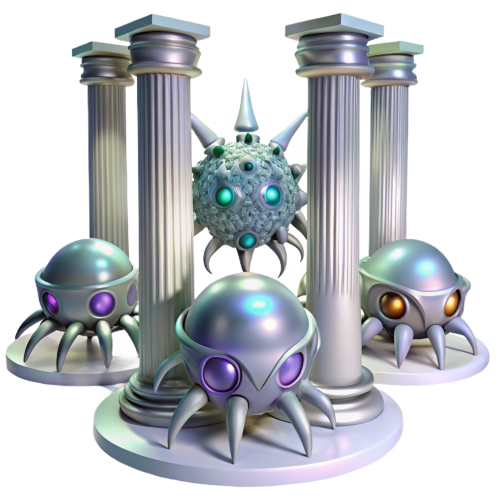 wonderful classic Metallic Robots Virus Within Ancient Pillars 4K png