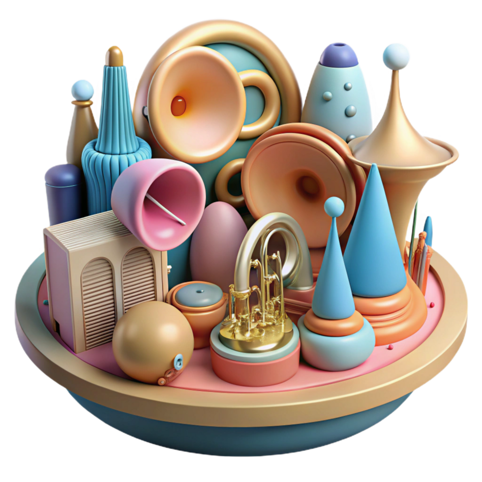 extraordinary classic Abstract 3D Render of Musical Instruments and Geometric Shapes high resolution png
