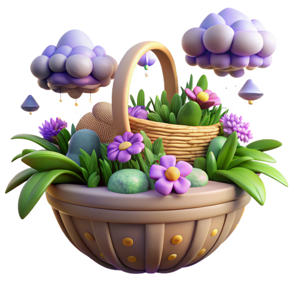 dramatic classic Spring Basket with Flowers and Clouds detailed png