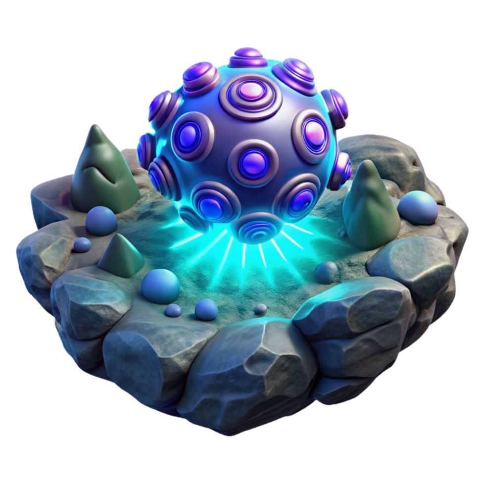 elegant rustic Futuristic Orb on Rocky Island 3D Render high resolution png