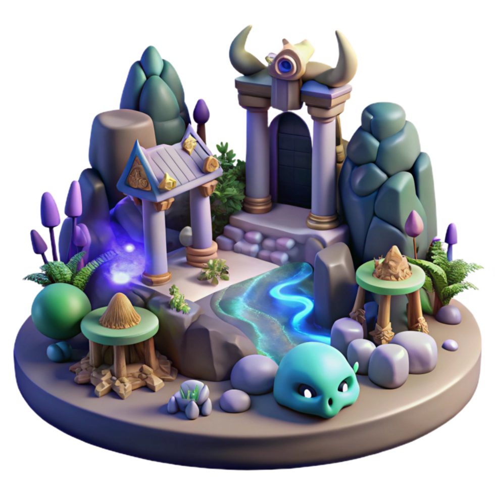 impressive vintage Fantasy Realm Glowing Stream, Mystical Shrine, and Unique Creatures exclusive png