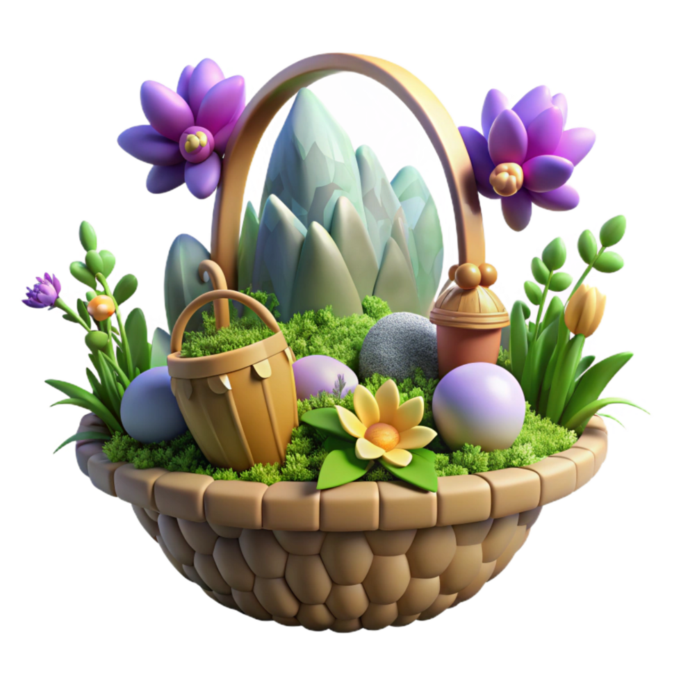 beautiful modern Enchanted Easter Basket Spring Flowers, Eggs Mossy Landscape professional png