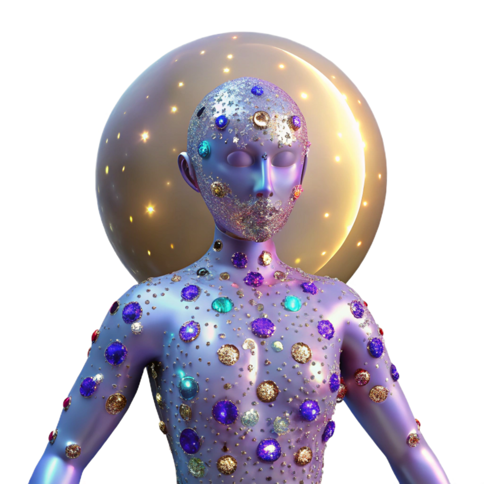 vibrant abstract Celestial Being A 3D Render of a Gem-Encrusted Figure high quality png