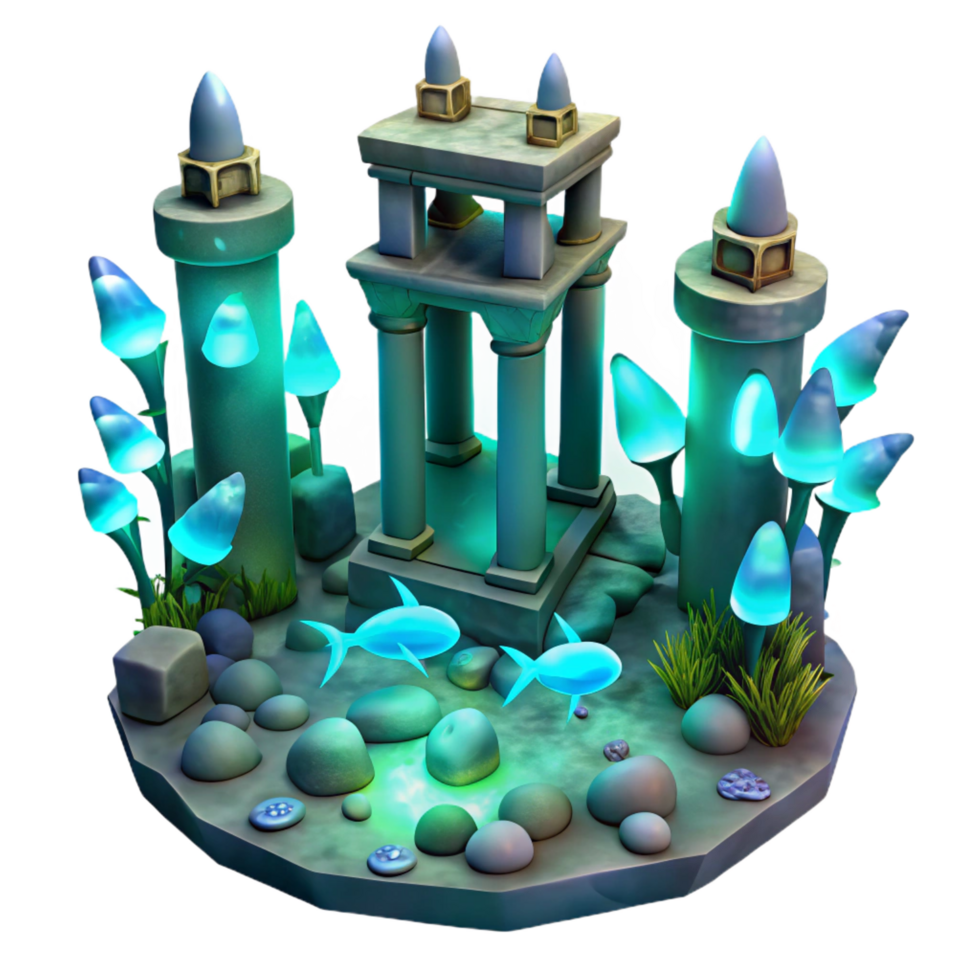 wonderful rustic Underwater Temple with Glowing Fungi and Fish exclusive png
