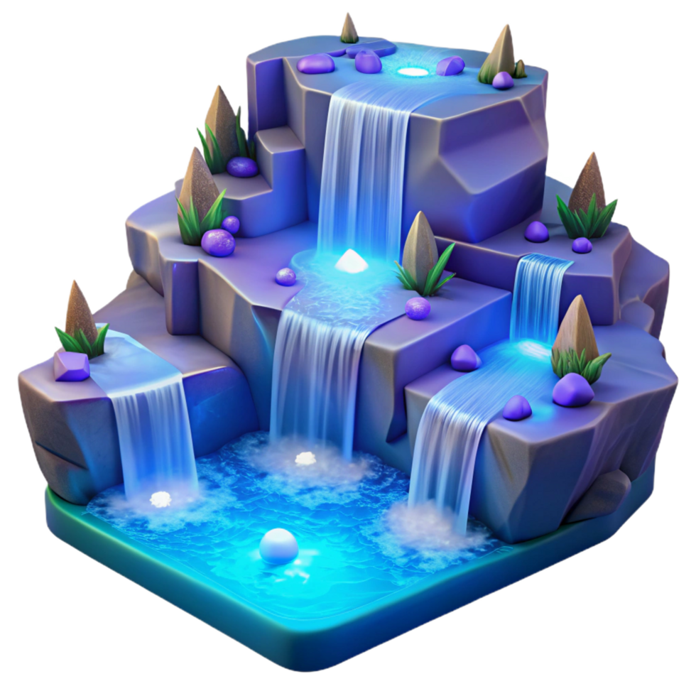 stunning traditional Enchanted Waterfall 3D Model Glowing Rocks, Cascading Water original png
