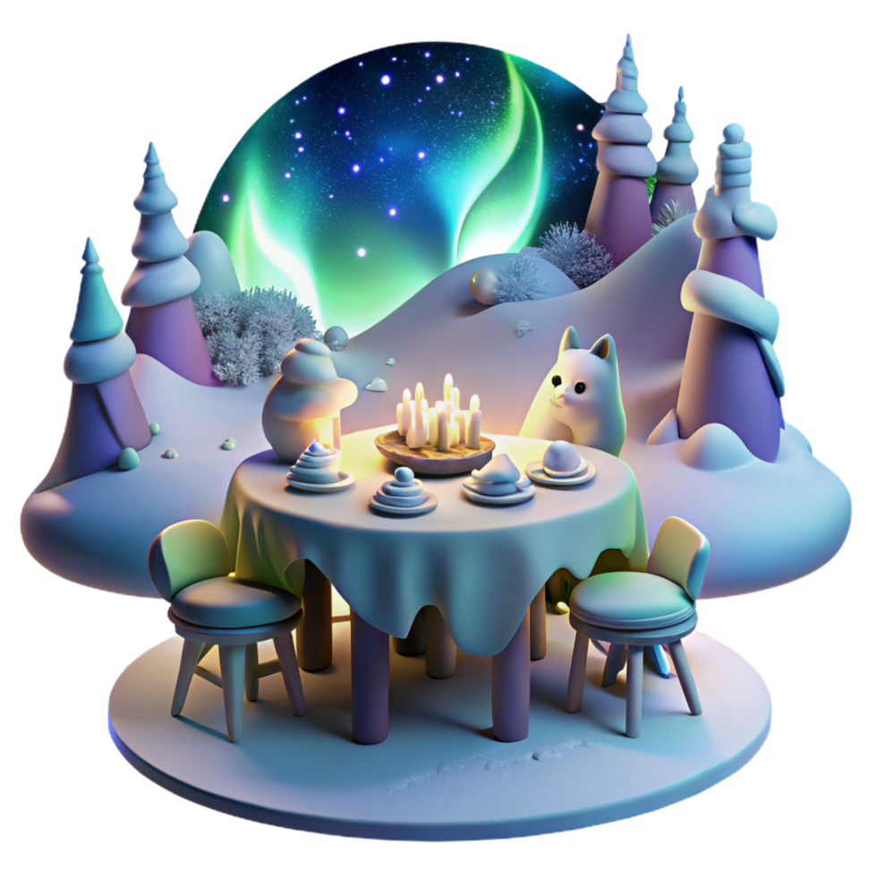 elegant modern Winter Wonderland Dinner Snowy Night, Cozy Table, Aurora Borealis detailed png